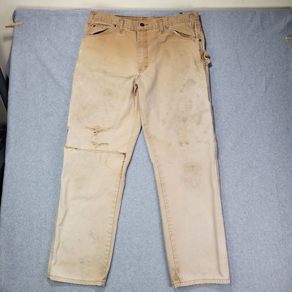 Dickies Canvas Carpenter Pants Mens‎ Fade Distress 36x32 Grunge Beige